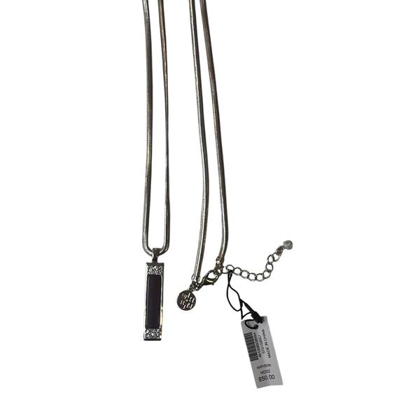 White House Black Market  Silver, Burgundy & Rhinestone Bar Pendant Necklace NWT - Picture 2 of 5